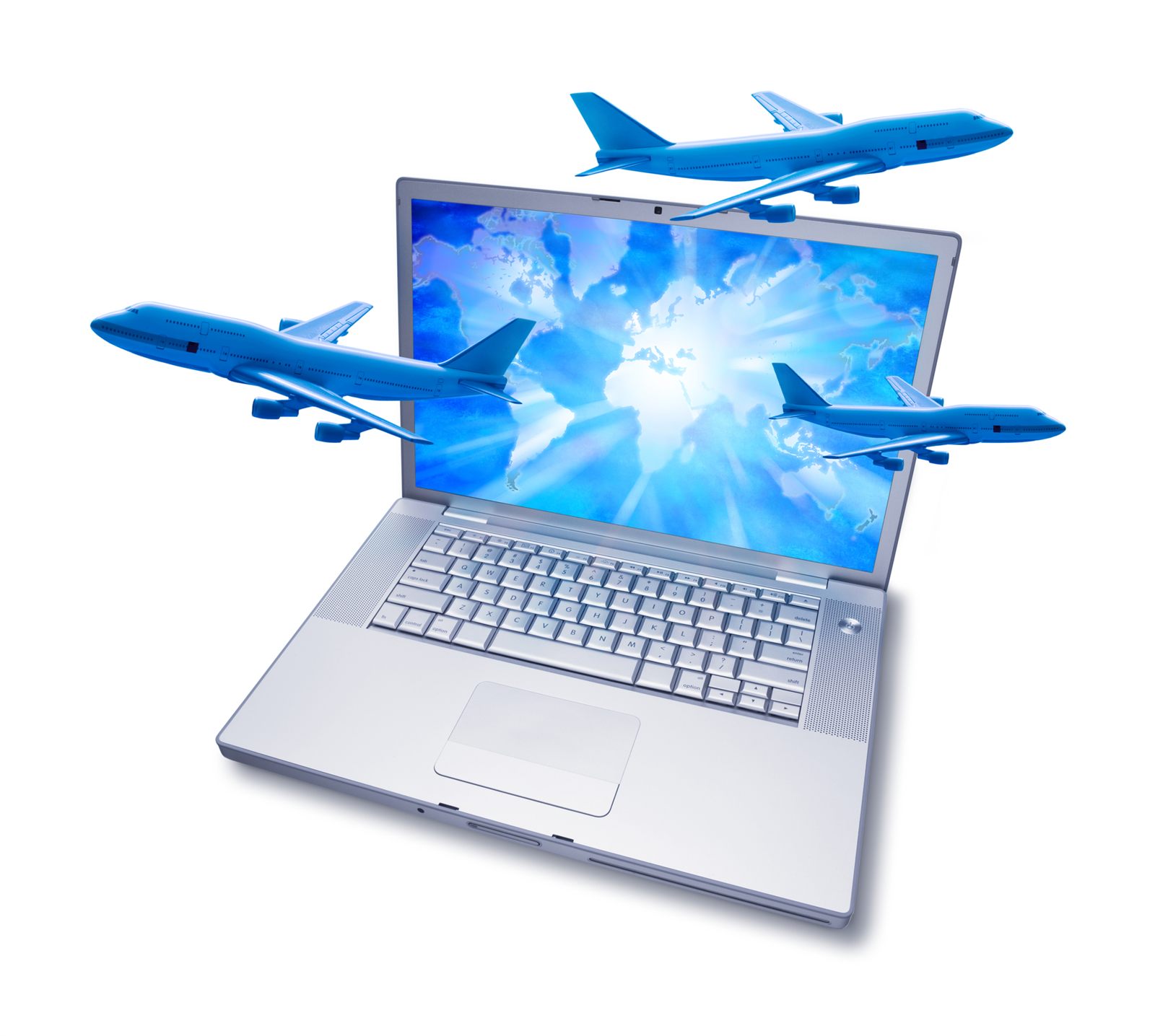 Laptop with airplanes flying out of the screen, a symbol of cruise booking sites and online travel