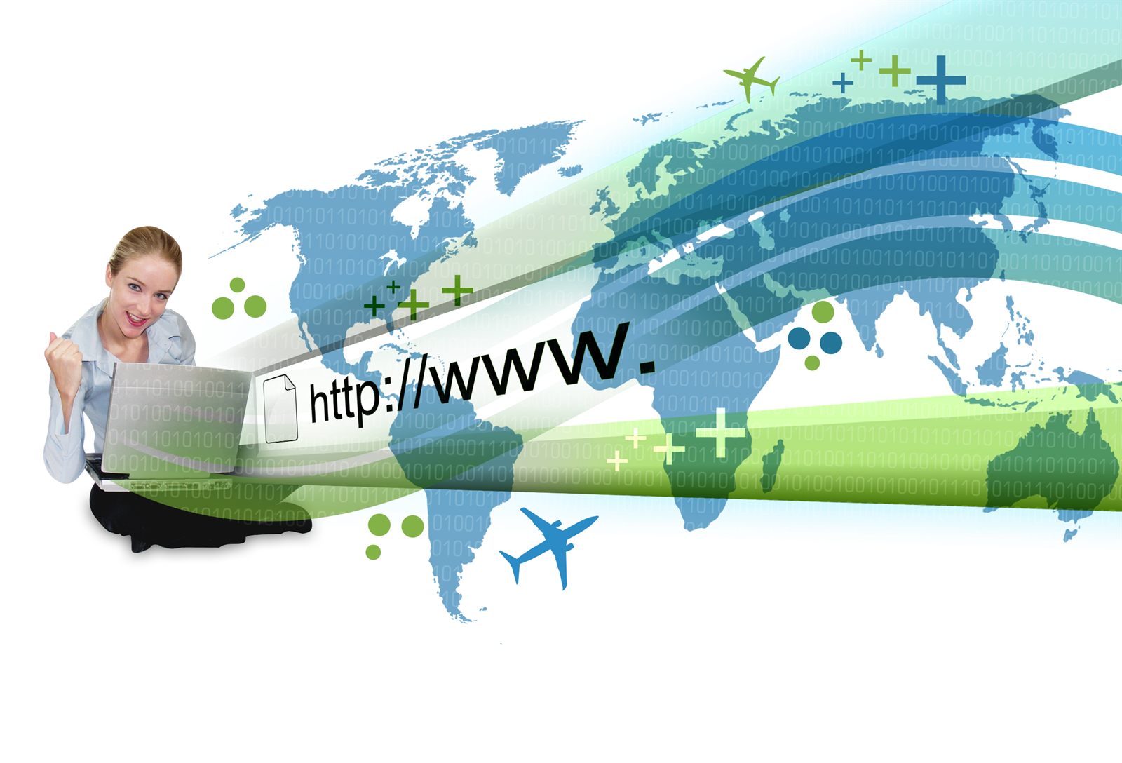 Traveler at a laptop beside a world map and a web address, booking a cruise online step by step